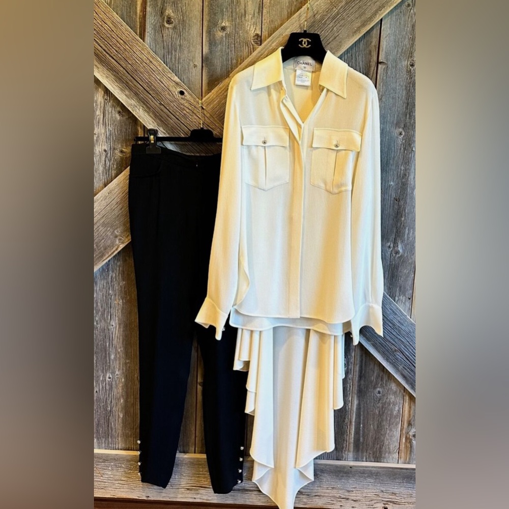 CHANEL High Low Silk Shirt and Pant Set in White and Black